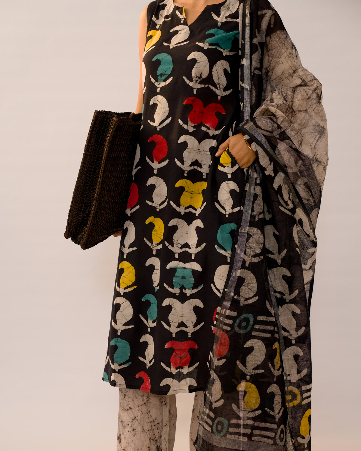 Black handblock Jaipur Cotton Kurta Set with Linen Dupatta