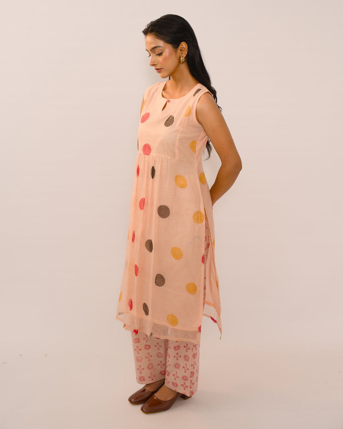 Peach Polka Dot Kota Cotton Kurta Set