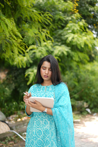 Turquoise Jaipur Hand Block Print Kandha Cotton Kurta Set