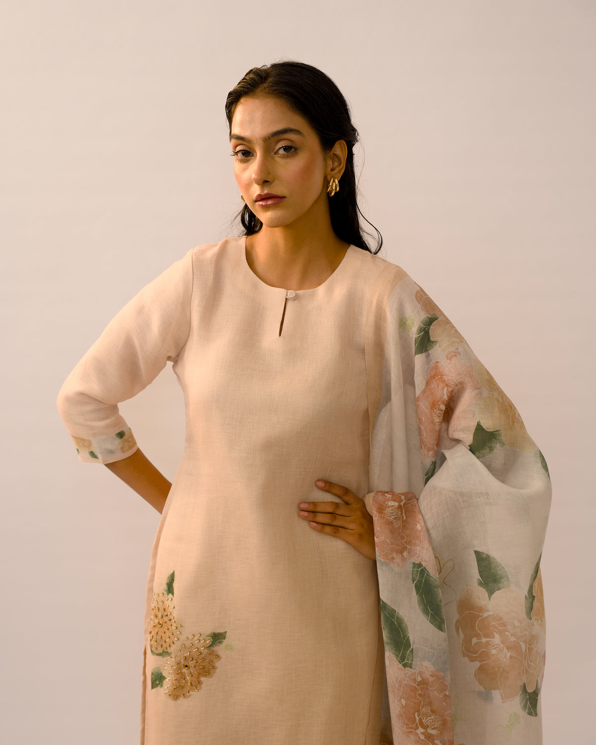 Sand Floral Hand-Embroidered Linen cotton Kurta Set