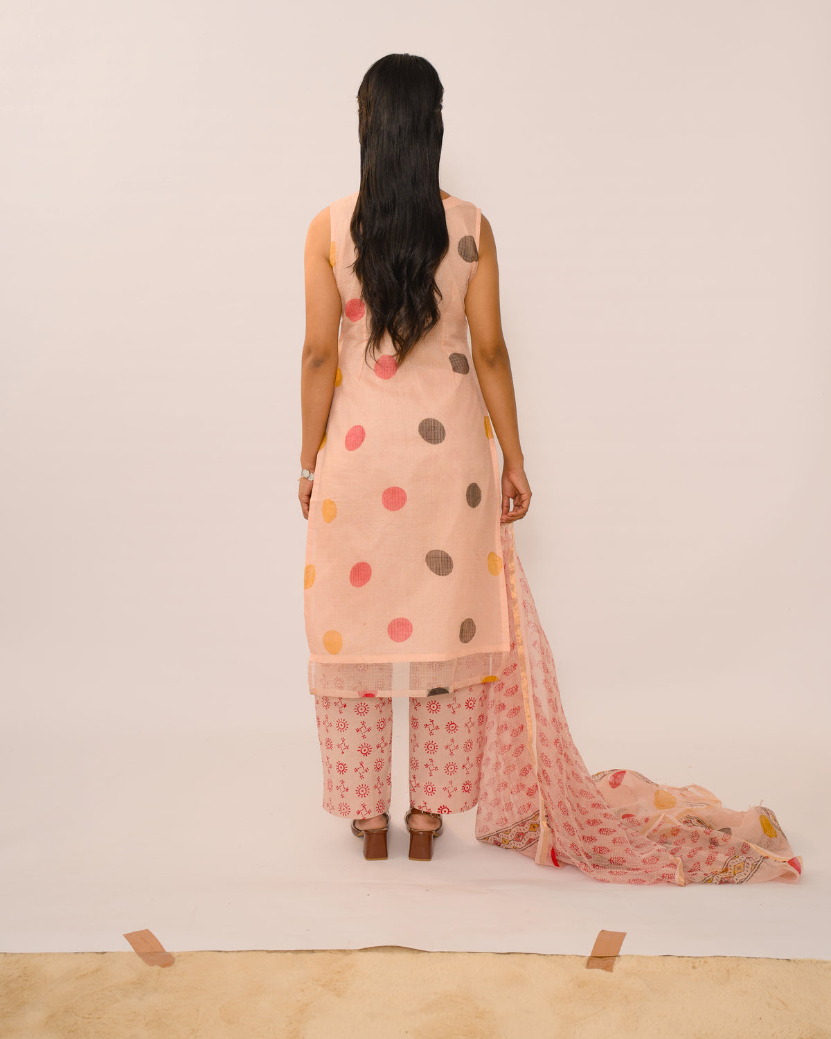 Peach Polka Dot Kota Cotton Kurta Set