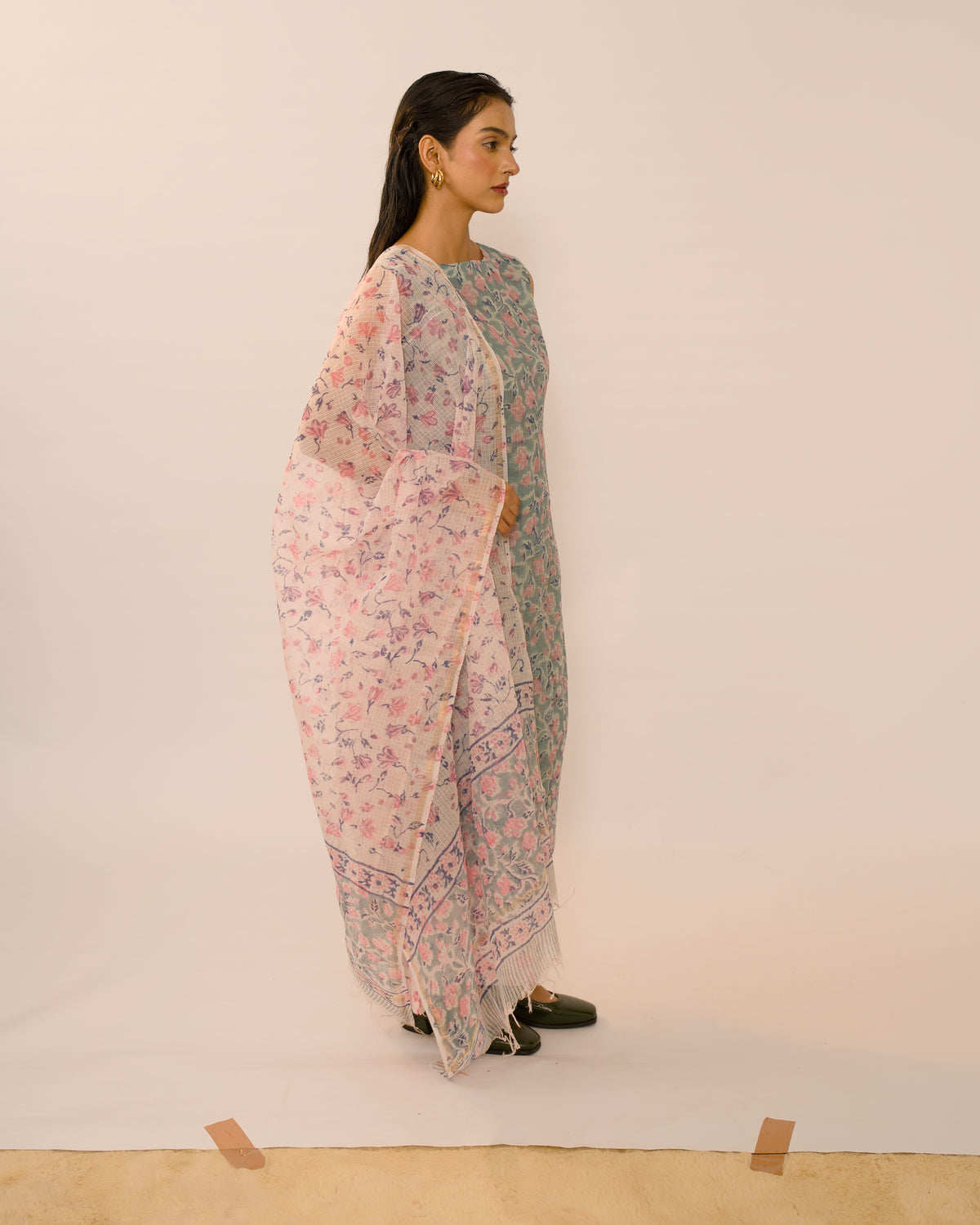 Mist Blue Floral Kota Cotton Kurta Set