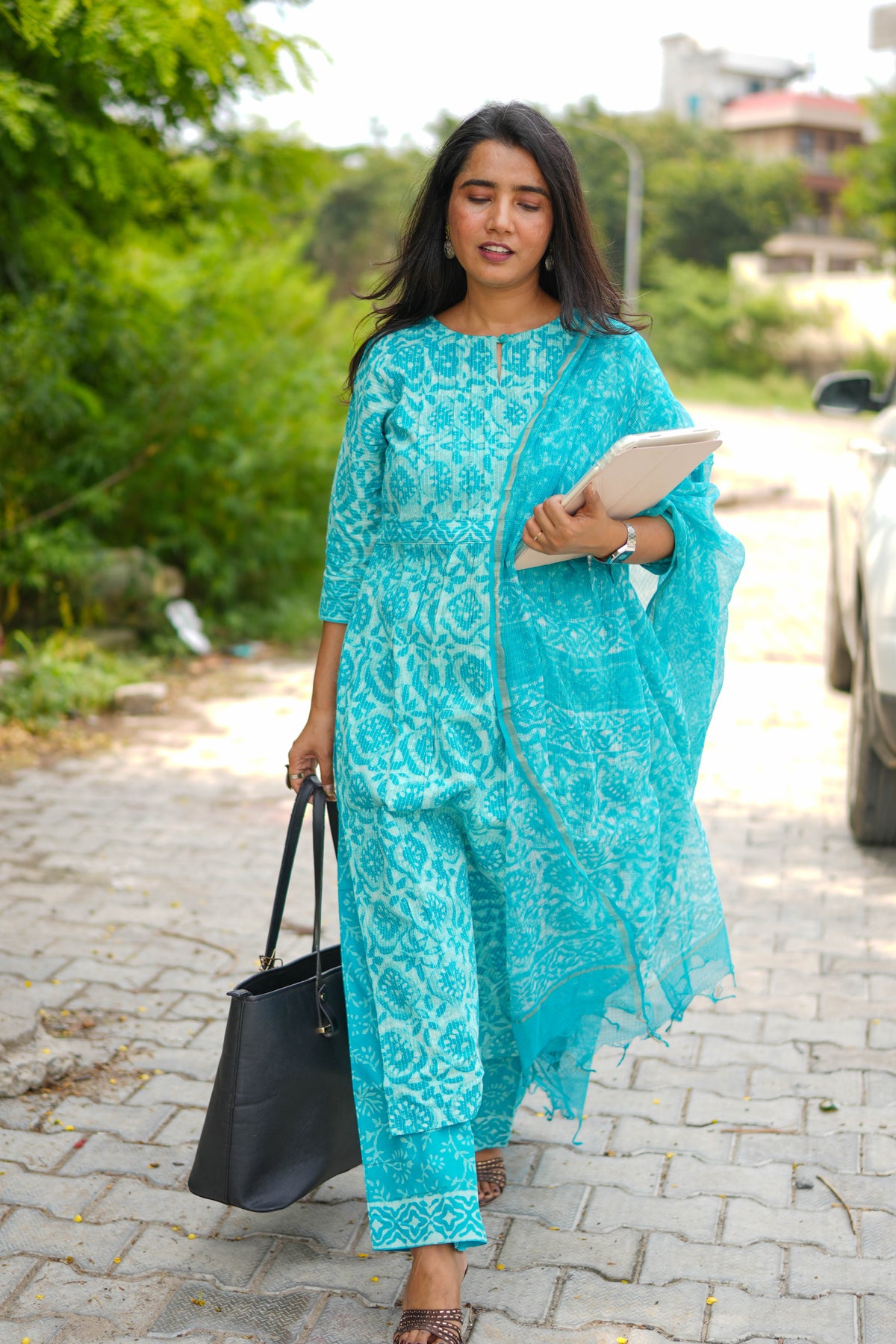 Turquoise Jaipur Hand Block Print Kandha Cotton Kurta Set