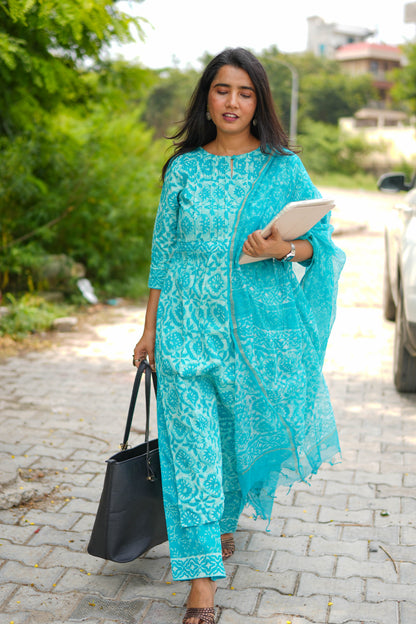 Turquoise Jaipur Hand Block Print Kandha Cotton Kurta Set