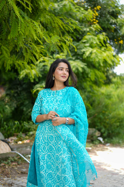 Turquoise Jaipur Hand Block Print Kandha Cotton Kurta Set