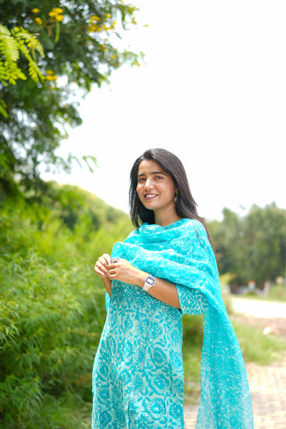 Turquoise Jaipur Hand Block Print Kandha Cotton Kurta Set
