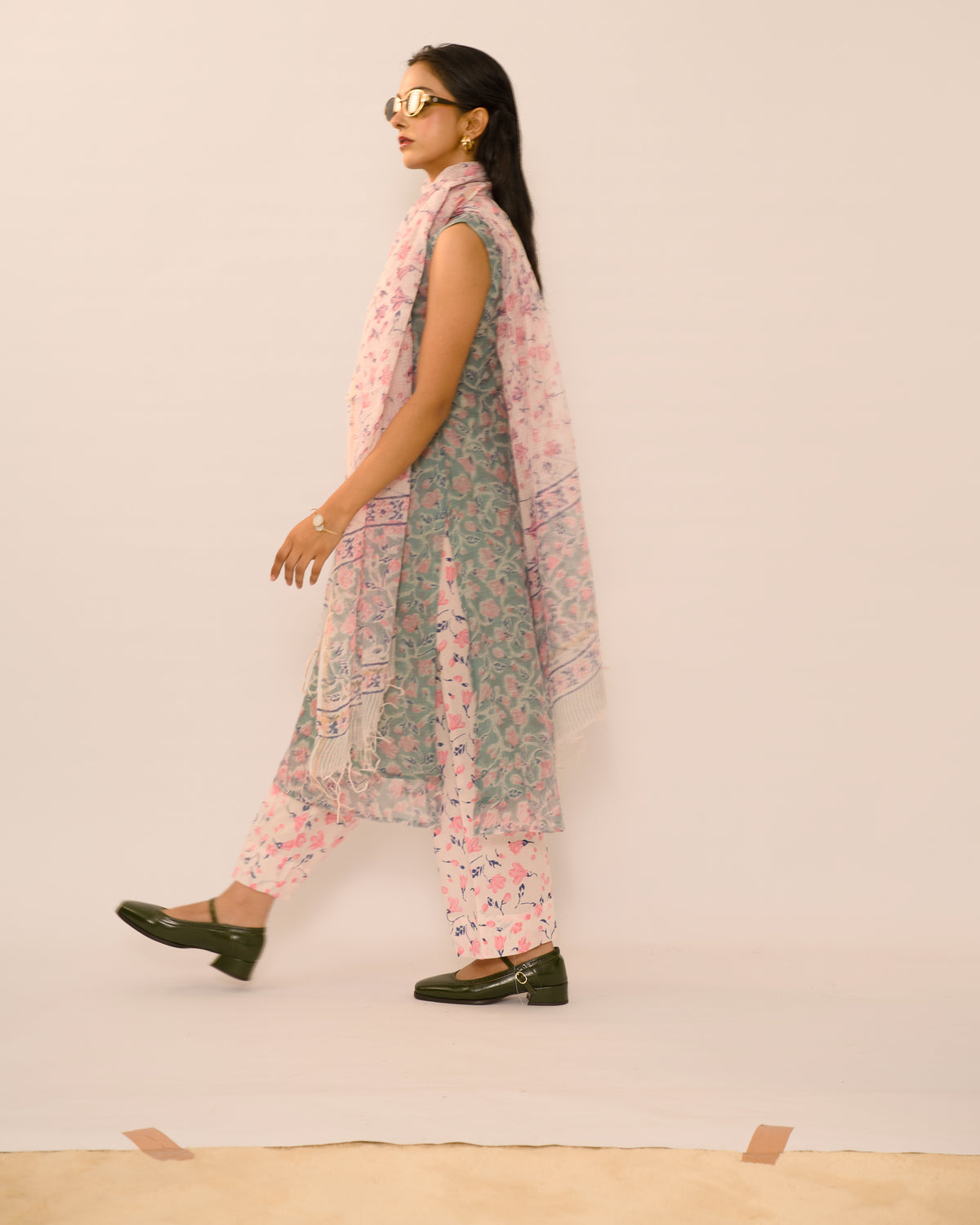 Mist Blue Floral Kota Cotton Kurta Set