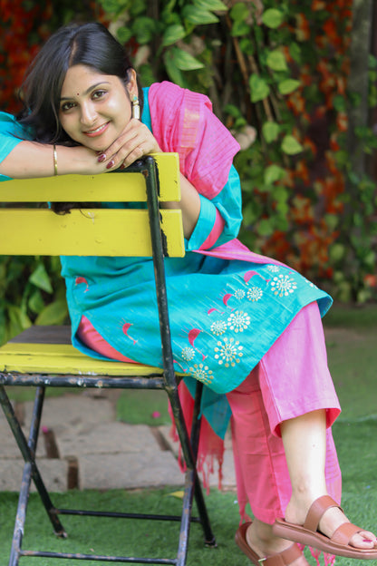 Pink and blue pure cotton handloom women kurta set