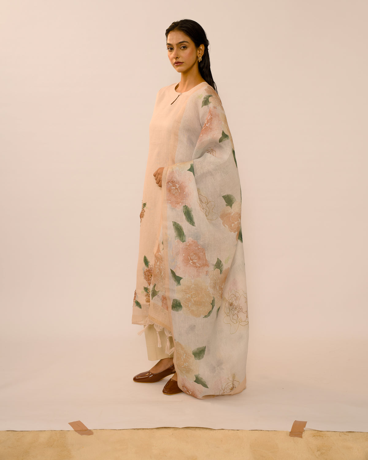 Sand Floral Hand-Embroidered Linen cotton Kurta Set