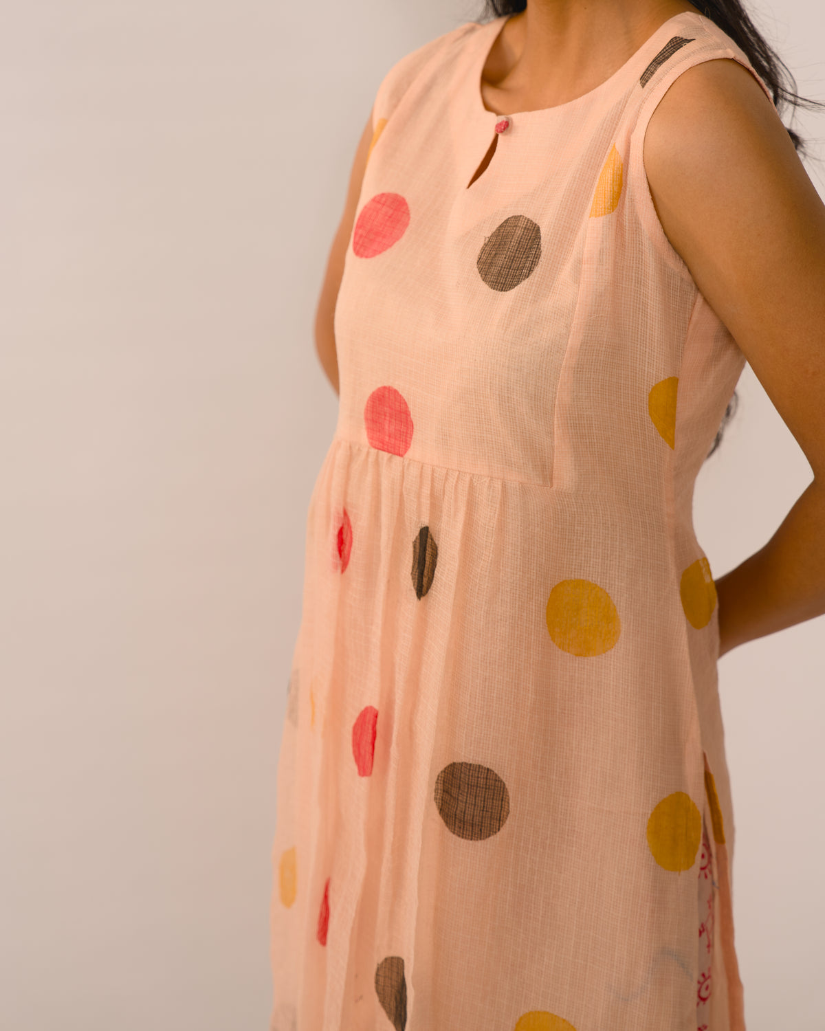 Peach Polka Dot Kota Cotton Kurta Set