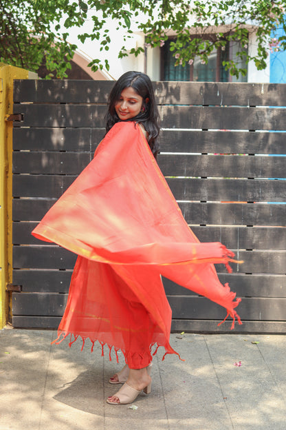 Orange and gold pure cotton tissue women kurta set