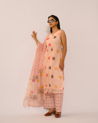 Peach Polka Dot Kota Cotton Kurta Set
