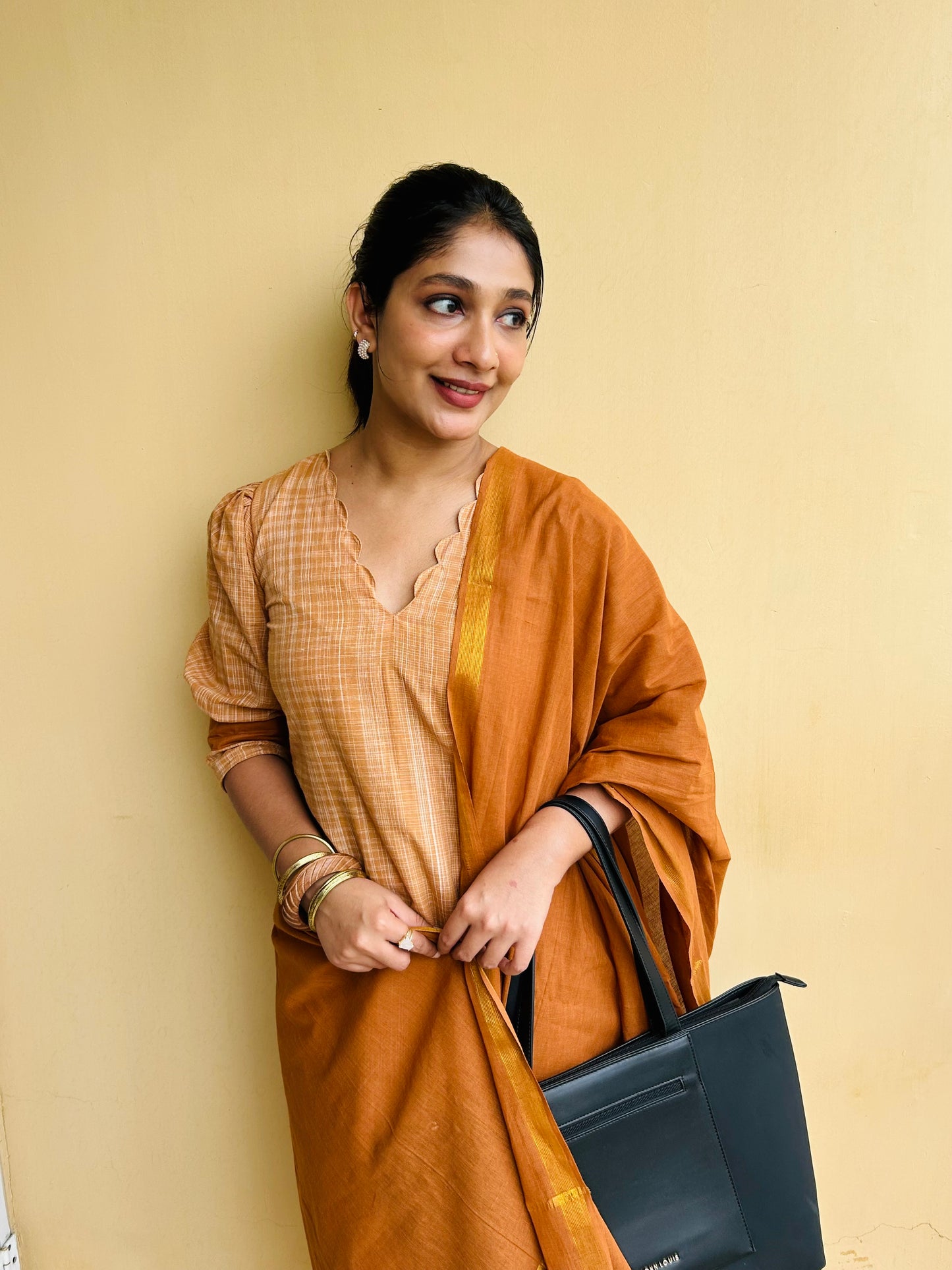 Biscuit brown pure cotton handloom women kurta set