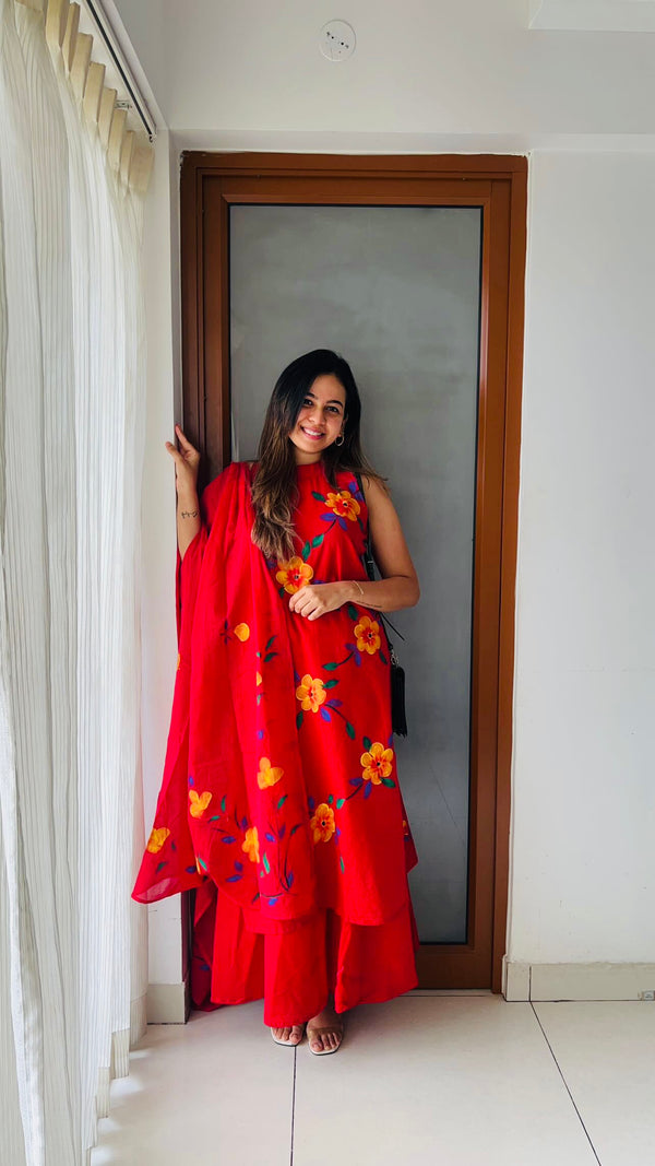 Floral Red linen cotton kurta set with dupatta (sleeves attached)