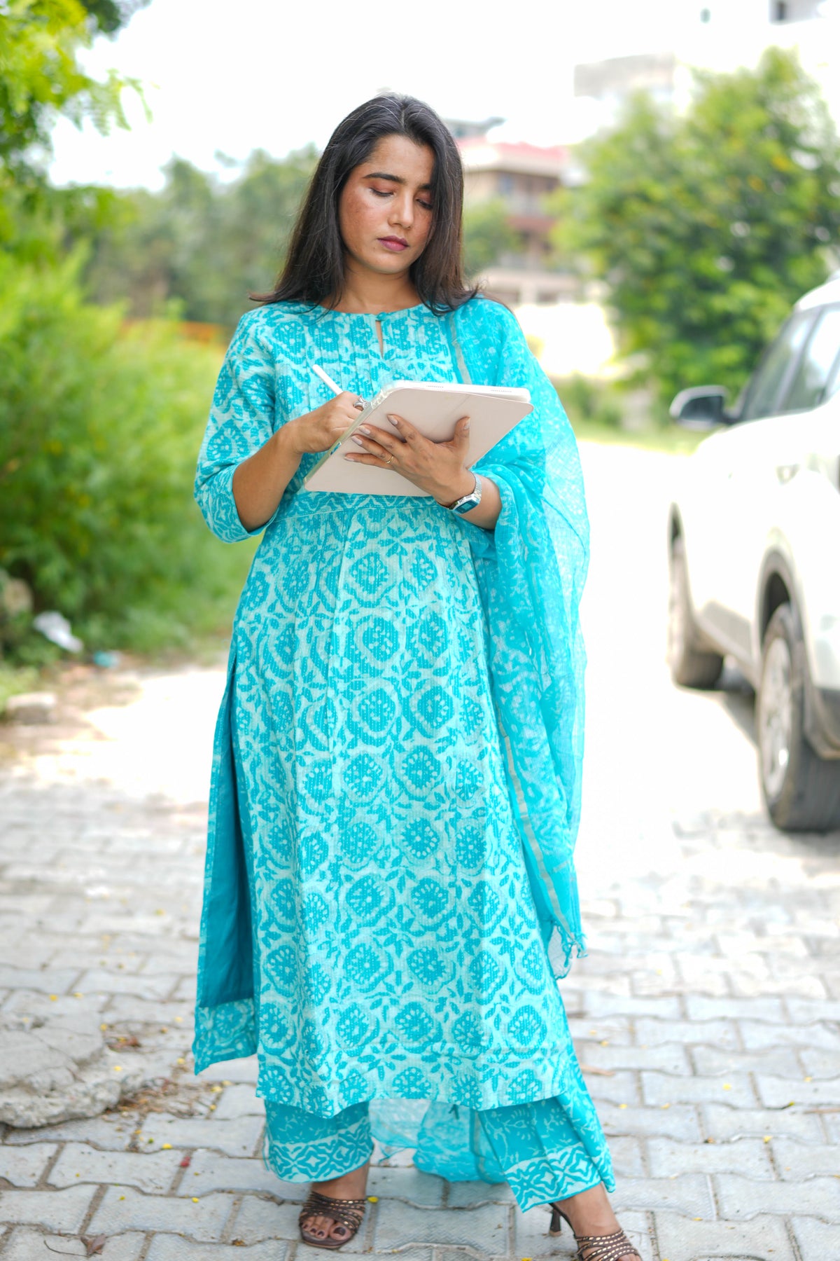 Turquoise Jaipur Hand Block Print Kandha Cotton Kurta Set