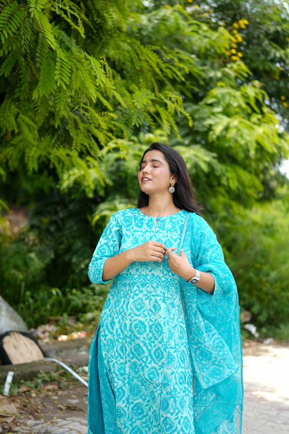 Turquoise Jaipur Hand Block Print Kandha Cotton Kurta Set