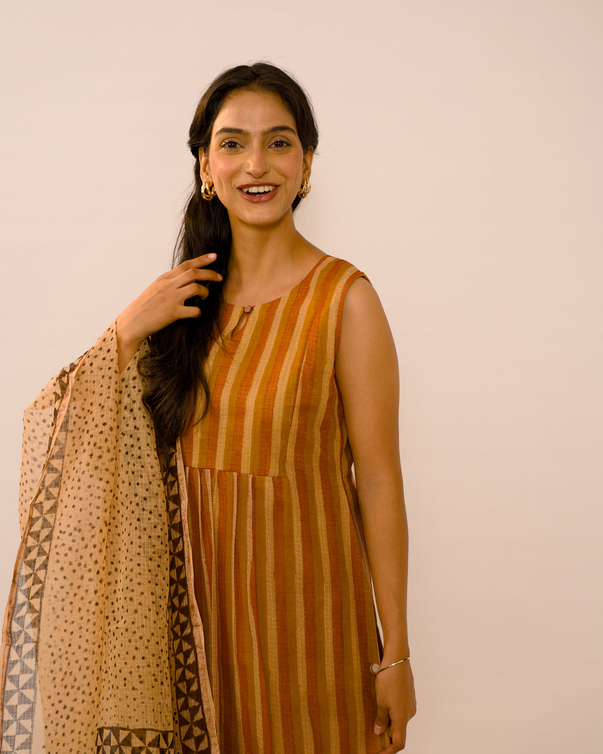 Amber Stripe Kota Cotton Kurta Set with Kota Doria Dupatta