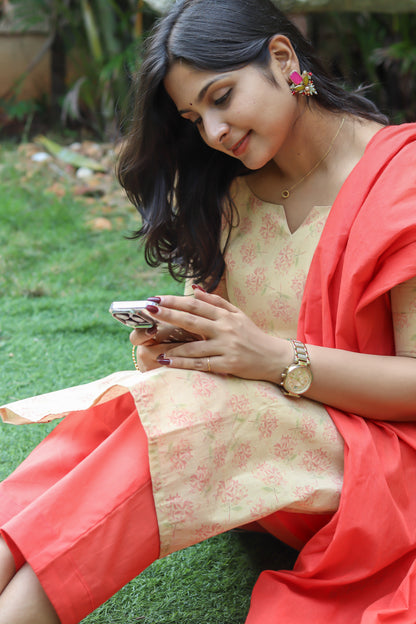Orange and gold pure cotton tissue women kurta set