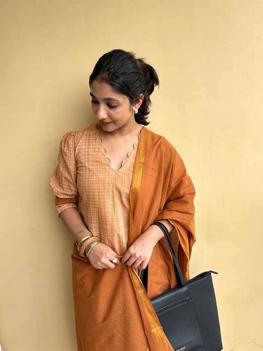 Biscuit brown pure cotton handloom women kurta set