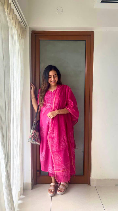 Pink Jaipur cotton kurta set with Kota Doria dupatta