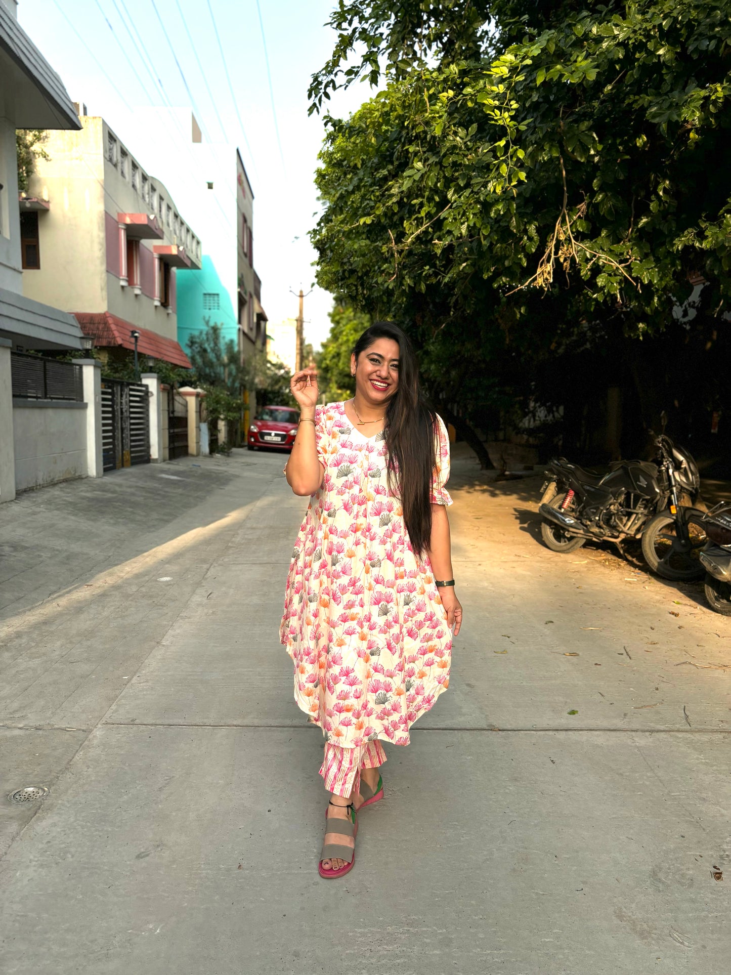 Pink floral kurta set pure cotton