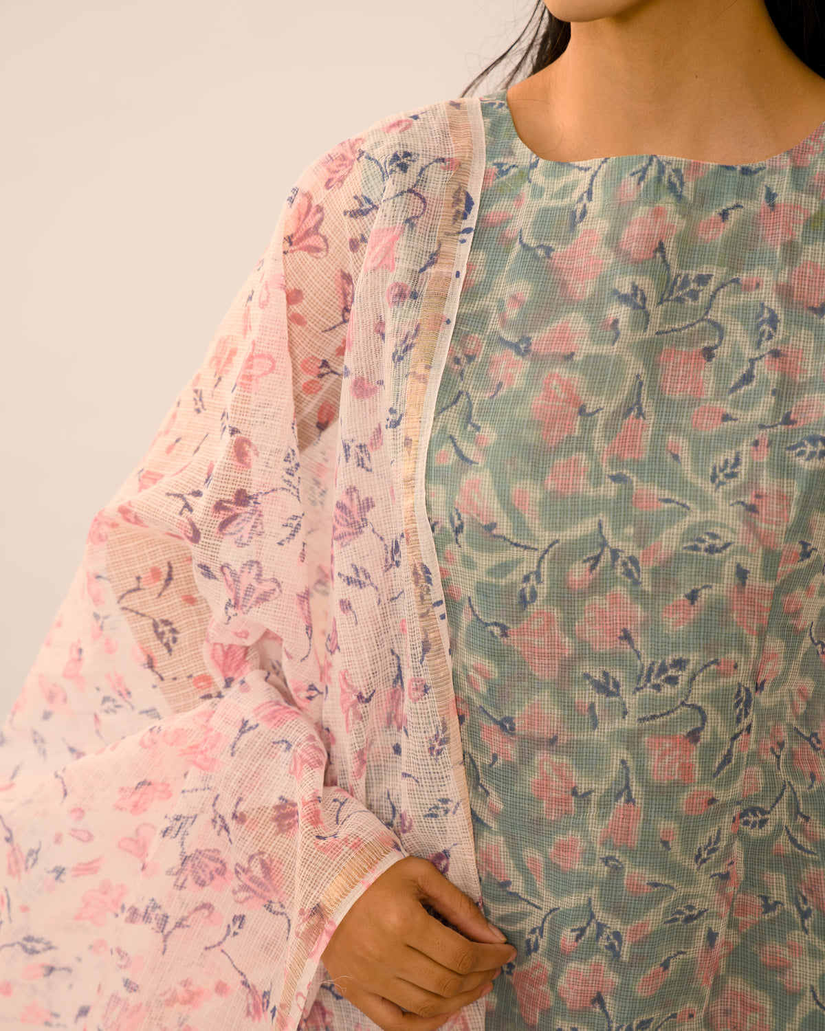 Mist Blue Floral Kota Cotton Kurta Set