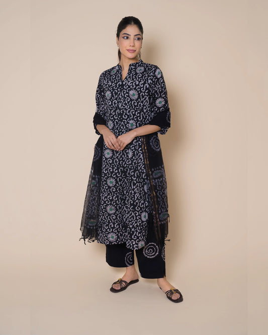Midnight Black Jaipur Hand Block Print Kandha Cotton Kurta Set