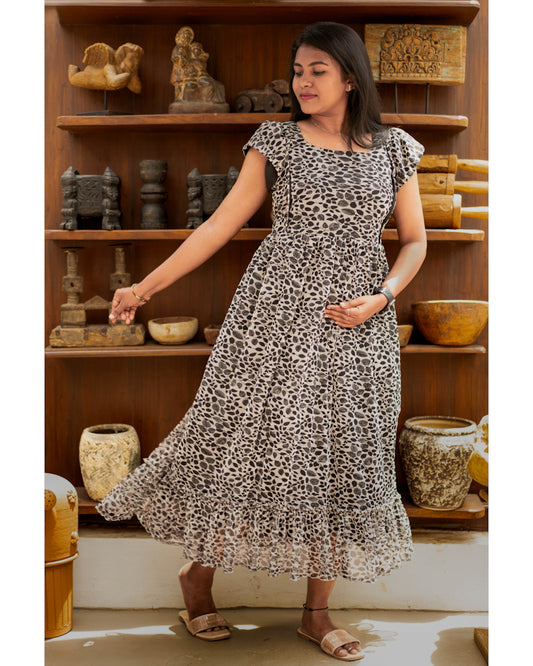 Black floral net maternity wear with feeding zippers