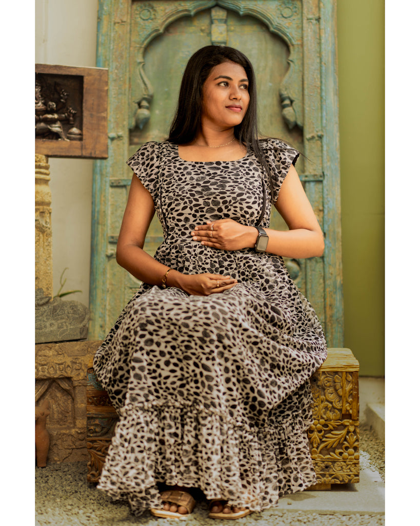 Black floral net maternity wear with feeding zippers