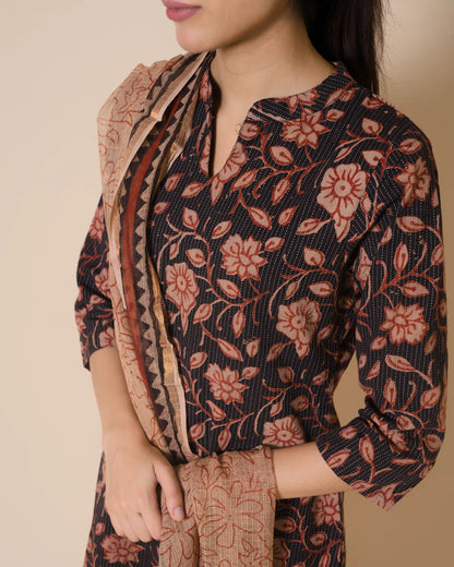 Midnight Bloom Jaipur Hand Block Print Kandha Cotton Kurta Set