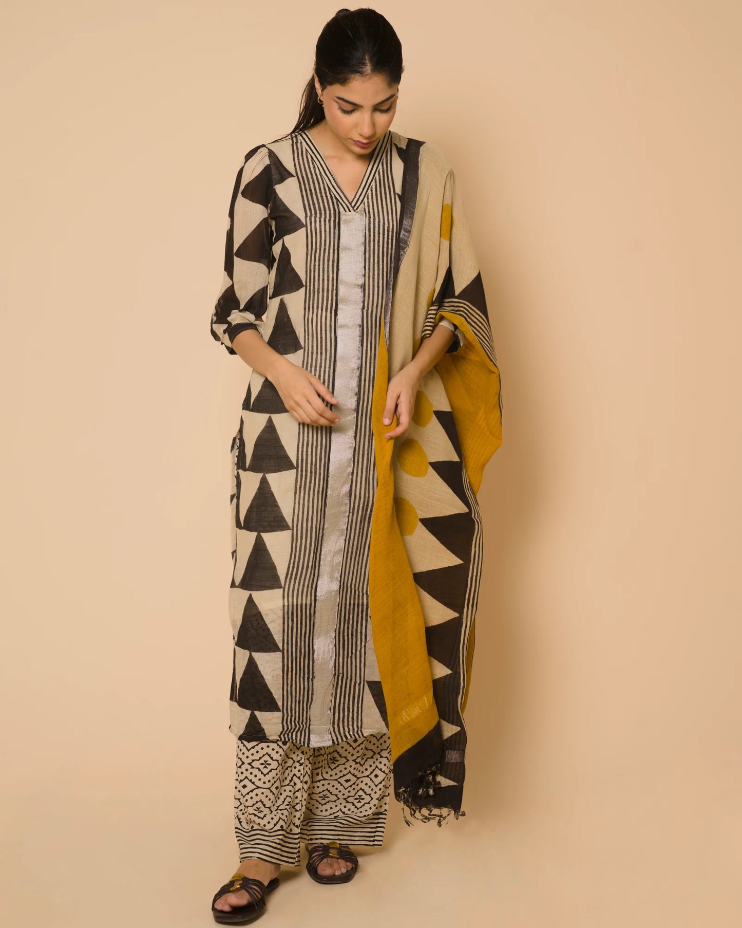 Ivory Noir Jaipur Hand Block Print Linen Cotton Kurta Set