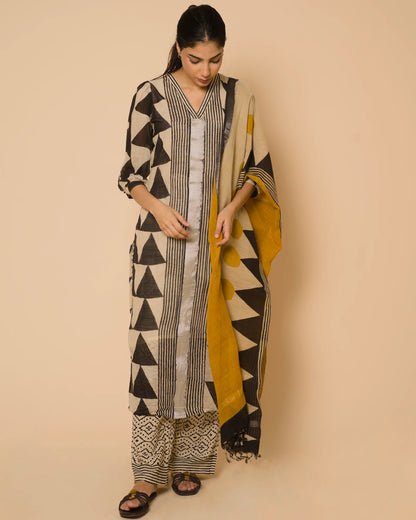 Ivory Noir Jaipur Hand Block Print Linen Cotton Kurta Set