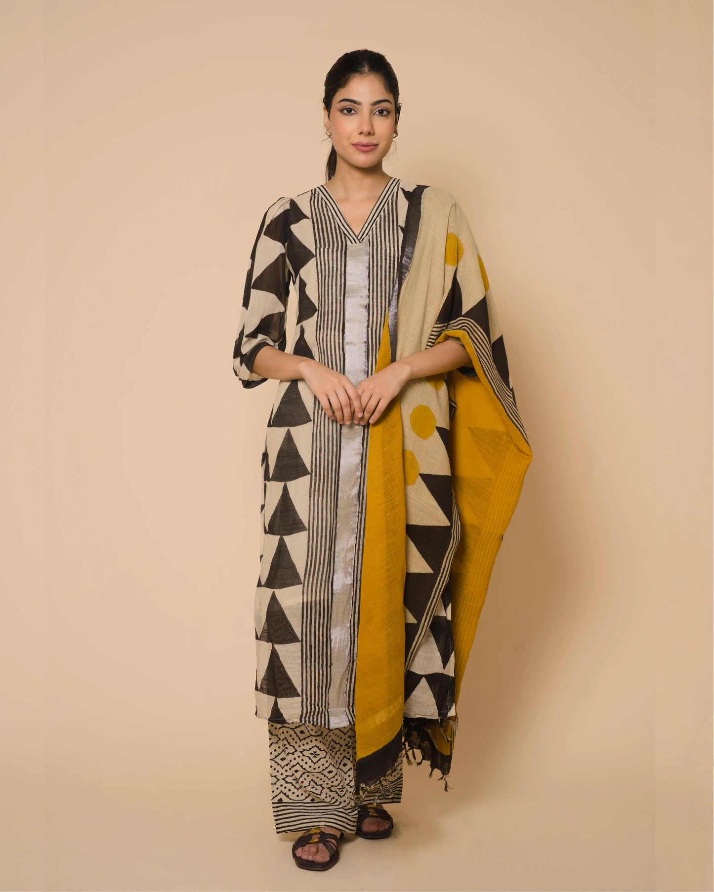 Ivory Noir Jaipur Hand Block Print Linen Cotton Kurta Set