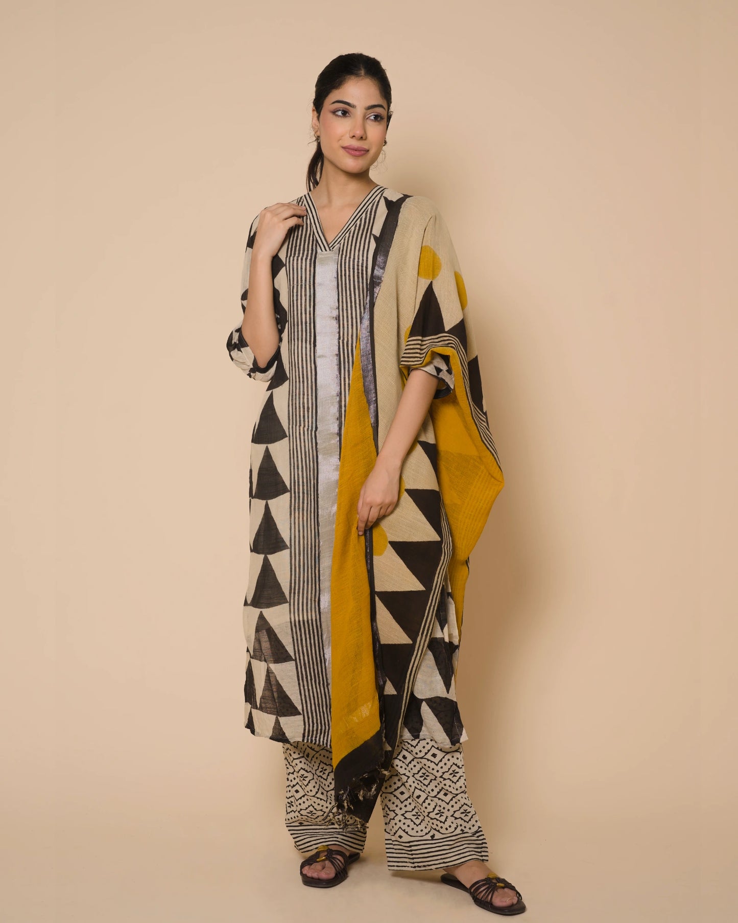 Ivory Noir Jaipur Hand Block Print Linen Cotton Kurta Set
