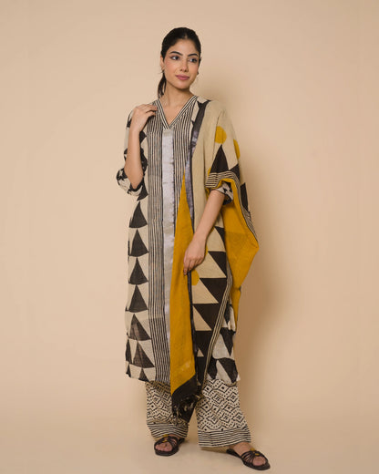 Ivory Noir Jaipur Hand Block Print Linen Cotton Kurta Set