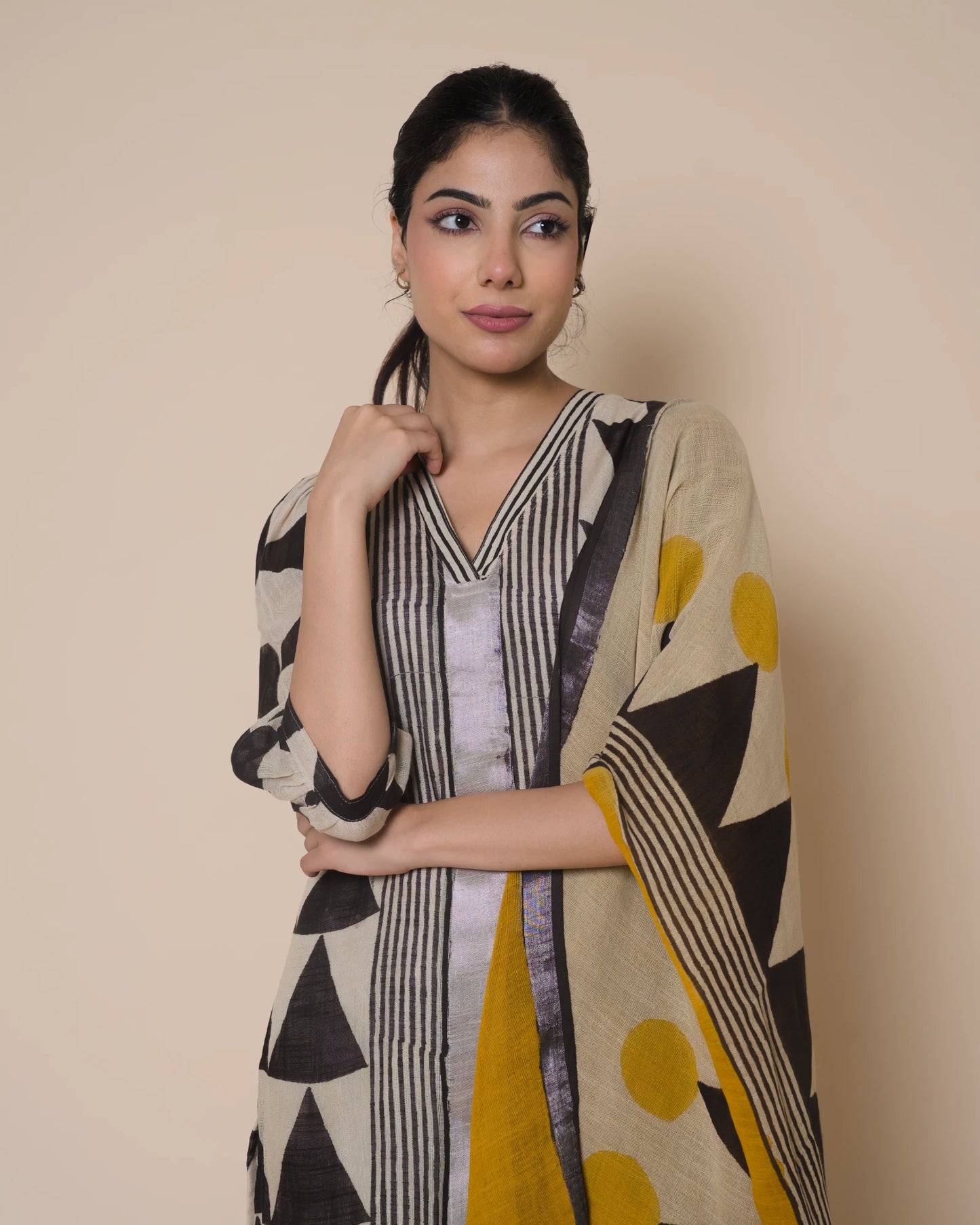 Ivory Noir Jaipur Hand Block Print Linen Cotton Kurta Set