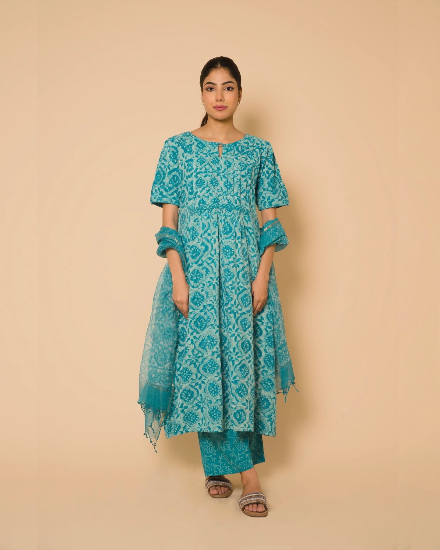 Turquoise Jaipur Hand Block Print Kandha Cotton Kurta Set