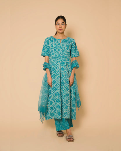 Turquoise Jaipur Hand Block Print Kandha Cotton Kurta Set