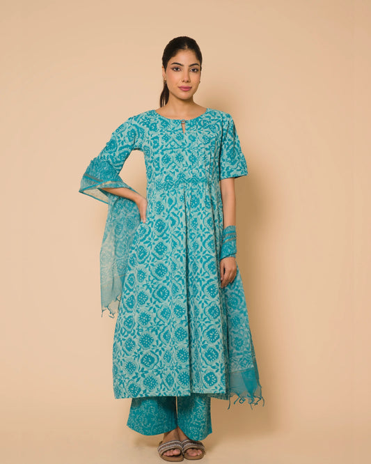 Turquoise Jaipur Hand Block Print Kandha Cotton Kurta Set