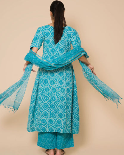 Turquoise Jaipur Hand Block Print Kandha Cotton Kurta Set