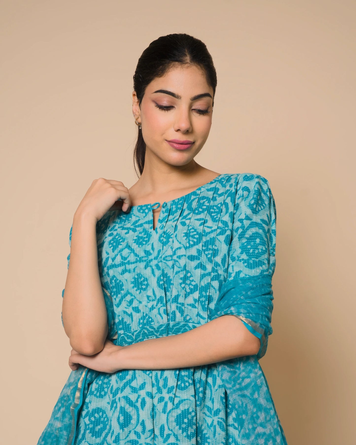 Turquoise Jaipur Hand Block Print Kandha Cotton Kurta Set
