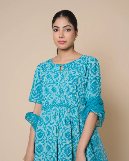 Turquoise Jaipur Hand Block Print Kandha Cotton Kurta Set