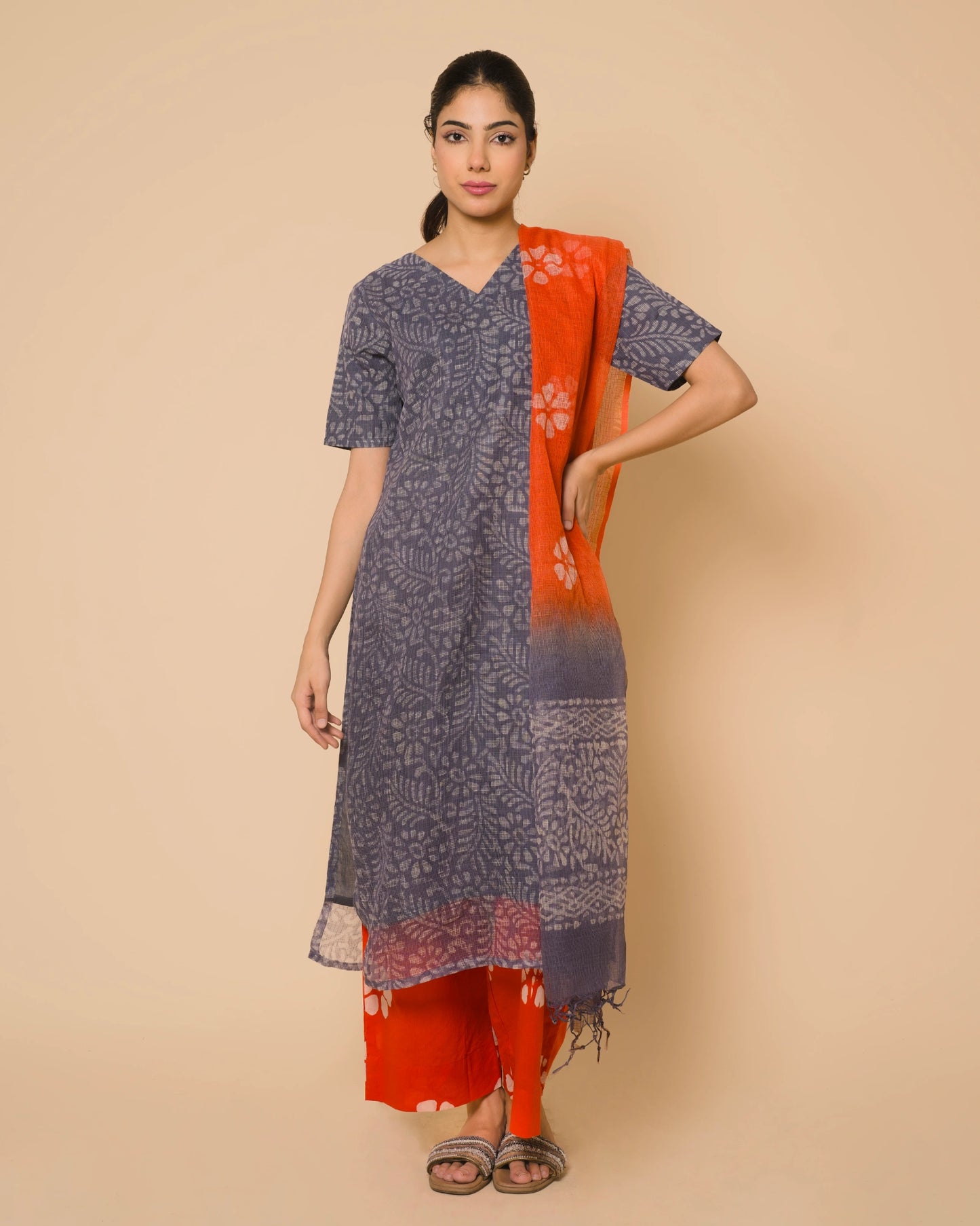 Blue Mist Kota Cotton Hand Block Print Kurta Set