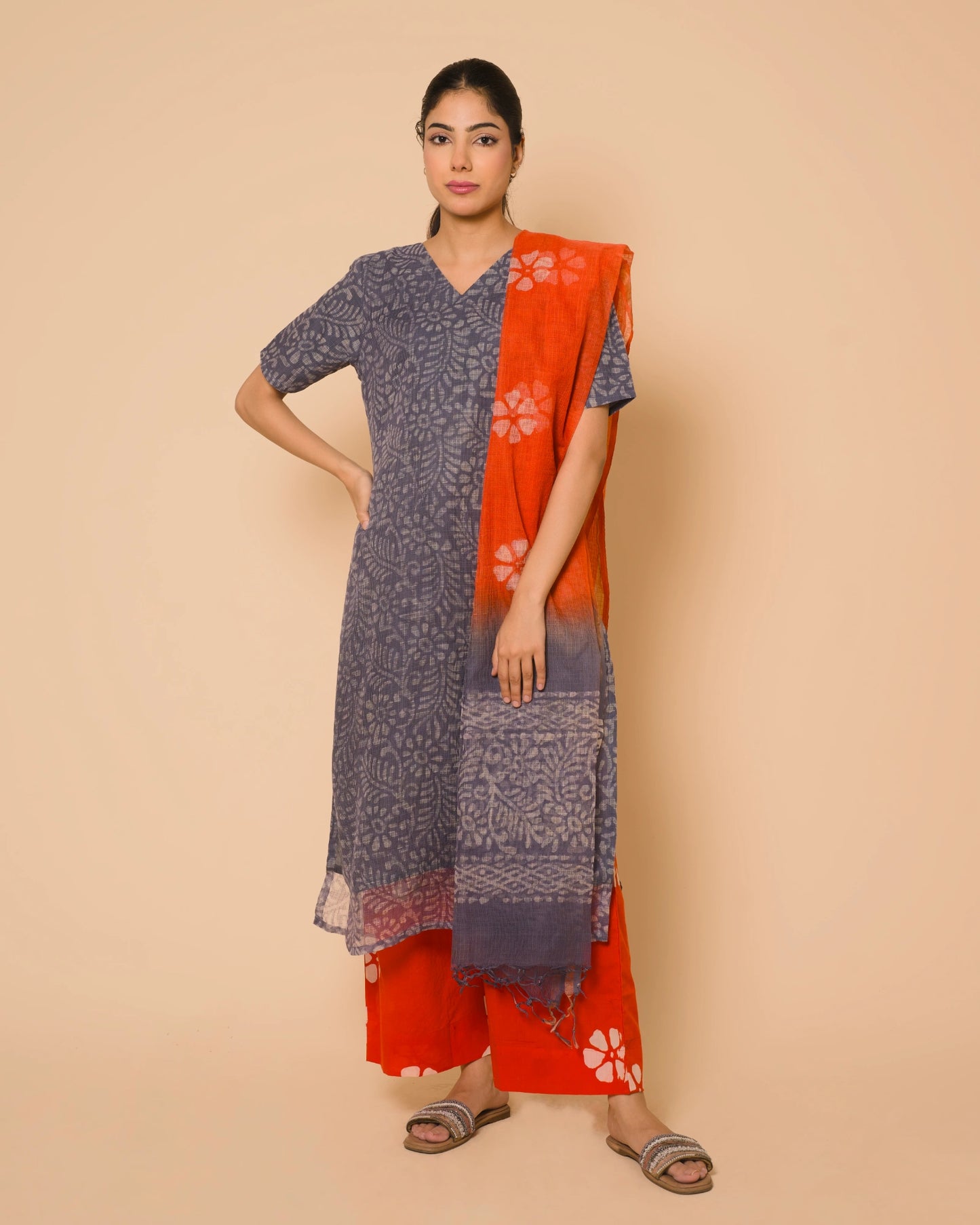 Blue Mist Kota Cotton Hand Block Print Kurta Set