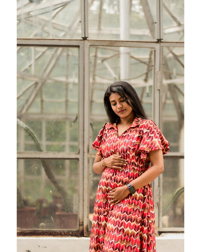 Pink digital print fishcut maternity wear with feeding zippers