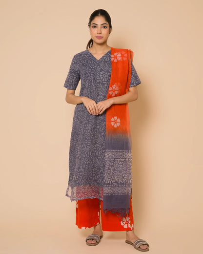 Blue Mist Kota Cotton Hand Block Print Kurta Set