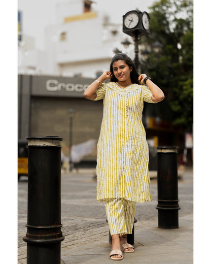 Cream and green striped pure cotton co-ord sets