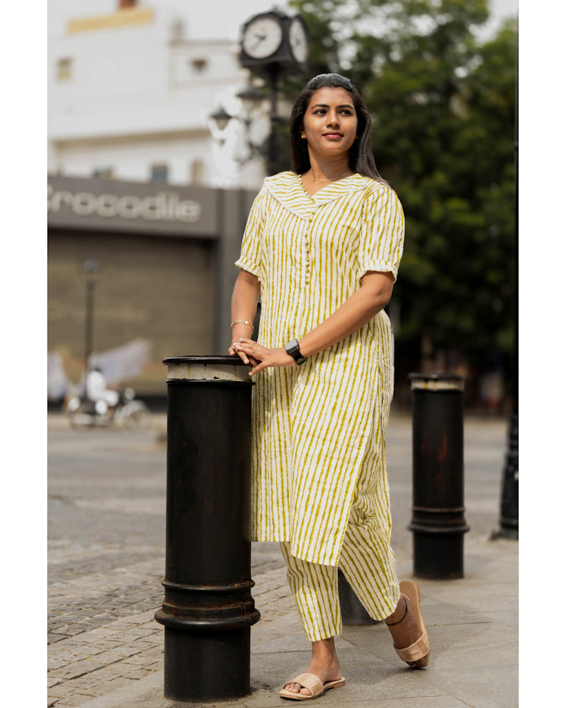 Cream and green striped pure cotton co-ord sets