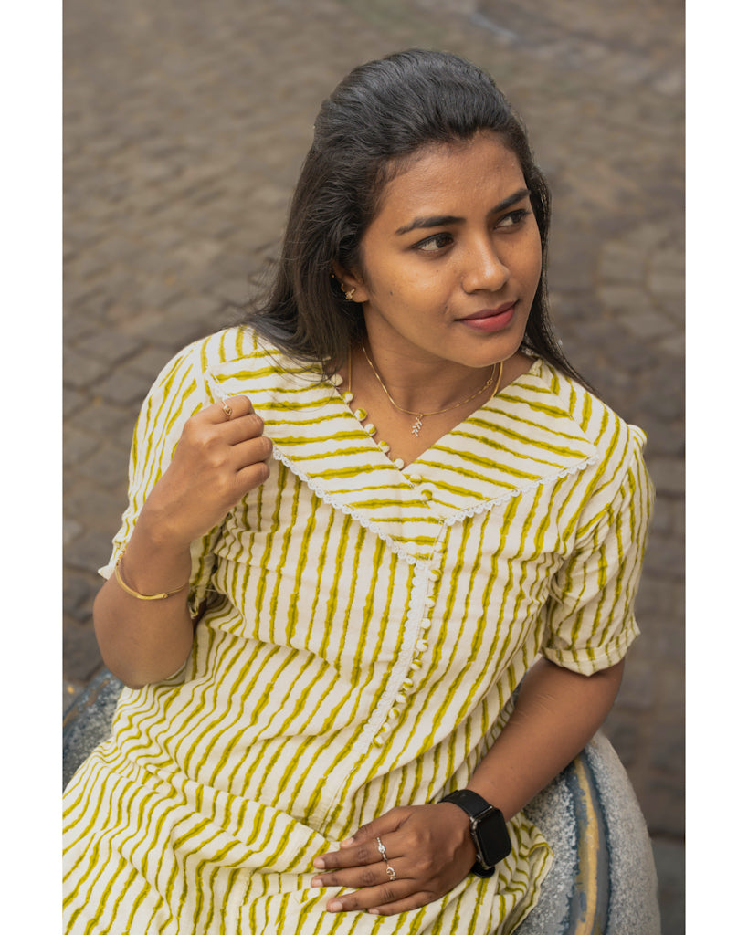 Cream and green striped pure cotton co-ord sets
