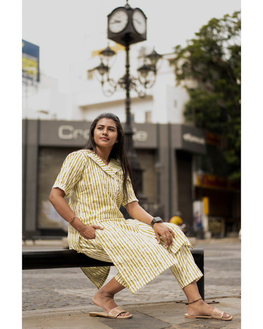 Cream and green striped pure cotton co-ord sets